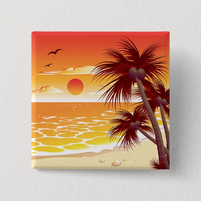 Tropical Sunset Beach Palm Tree Island 2 Inch Square Button (Front)