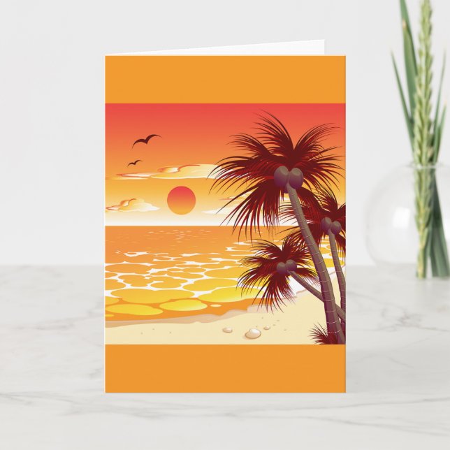 Tropical Sunset Beach Palm Tree Island Card (Front)