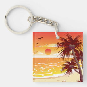Tropical Sunset Beach Palm Tree Island Keychain