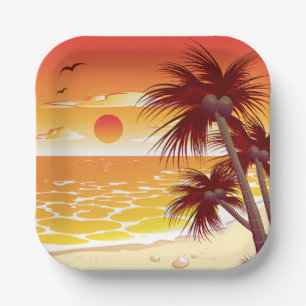 Tropical Sunset Beach Palm Tree Island Paper Plate