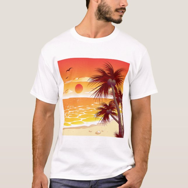 Tropical Sunset Beach Palm Tree Island T-Shirt (Front)