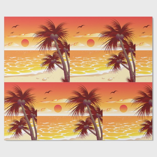 Tropical Sunset Beach Palm Tree Island Wrapping Paper (Flat)