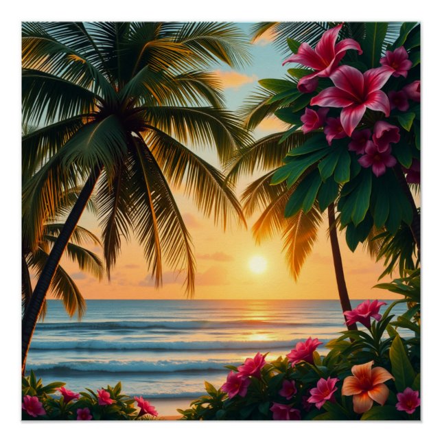 Tropical Sunset Beach Scene with Palm Trees Poster (Front)