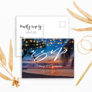 Tropical Sunset Beach String Lights Wedding RSVP Invitation Postcard