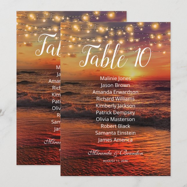 Tropical Sunset Beach Table Seating Chart Card (Front/Back)