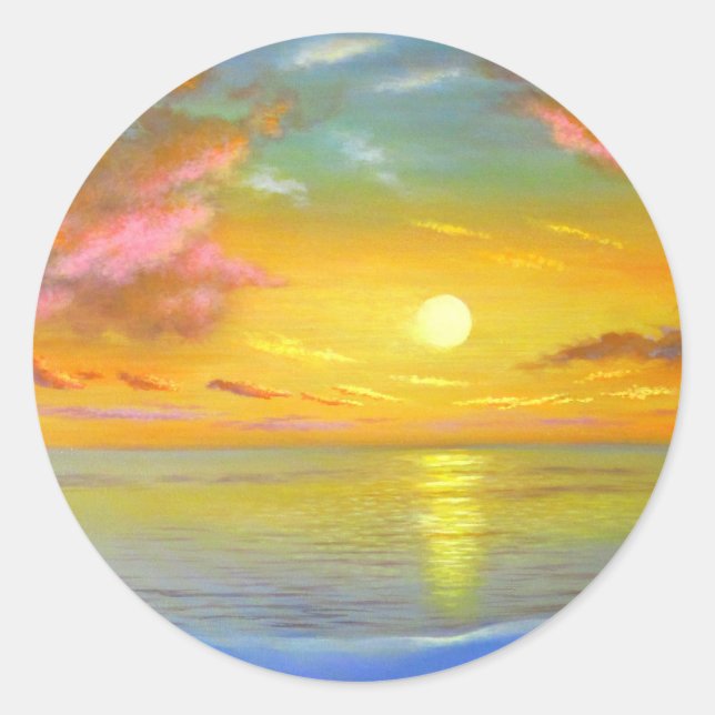 Tropical Sunset Beach View Seascape Painting Classic Round Sticker (Front)
