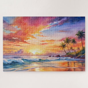 Tropical Sunset Beach Watercolor, Palm, Ocean Jigsaw Puzzle