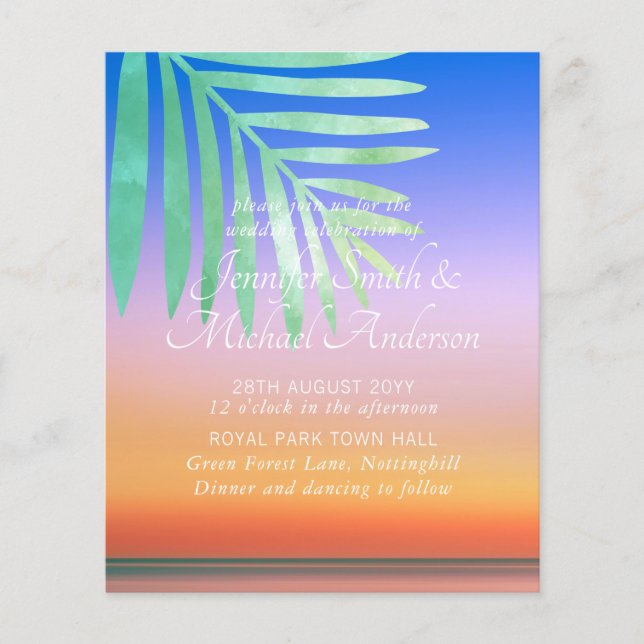 Tropical Sunset Beach Wedding Invites Budget (Front)