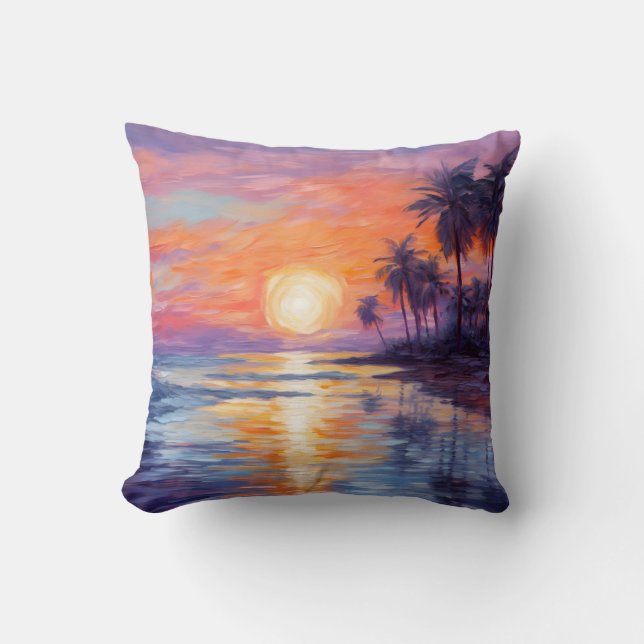 Tropical Sunset Beauty - Impressionist fine Art Throw Pillow (Front)