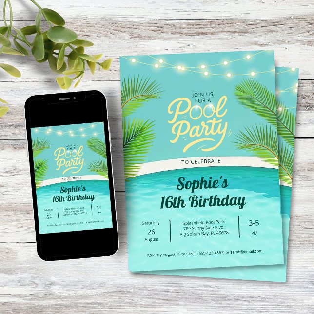 Tropical Sunset Birthday Pool Party Invitation (Classy elegant birthday pool party invitation
)