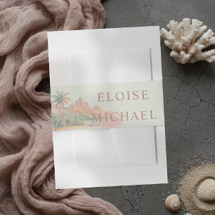 Tropical Sunset Island Beach Watercolor Wedding Invitation Belly Band