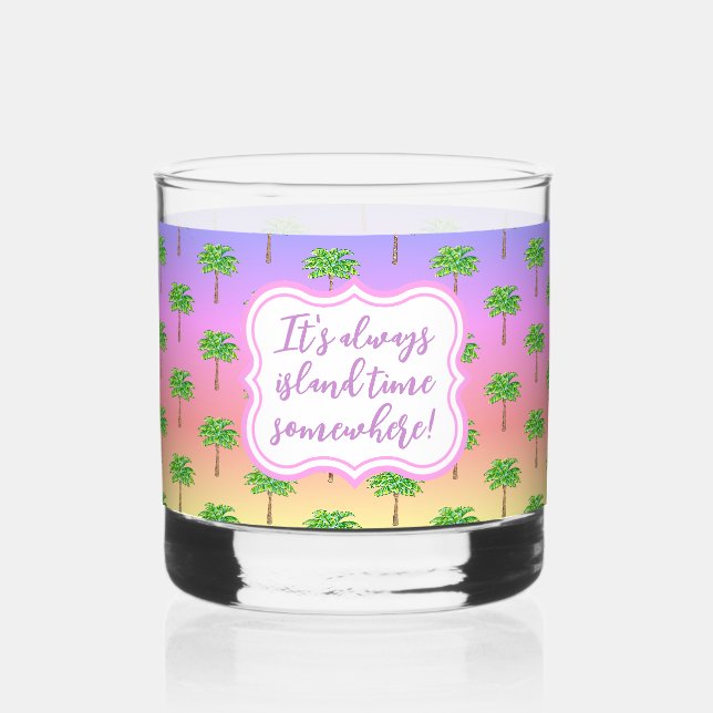 Tropical Sunset Island Time Green Palm Tree Whiskey Glass (Front)