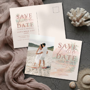 Tropical Sunset Island Watercolor Photo Wedding Announcement Postcard
