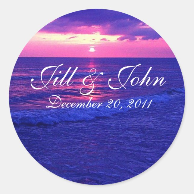 Tropical Sunset Names and Date Wedding Sticker (Front)