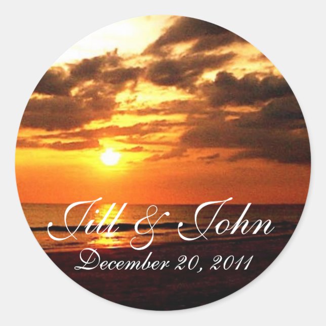 Tropical Sunset Names and Date Wedding Sticker (Front)