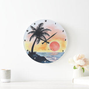 Tropical Sunset Ocean Scene with Palm Trees Large Clock
