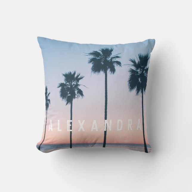 Tropical Sunset Ombre Pink & Blue Palm Tree Throw Pillow (Front)
