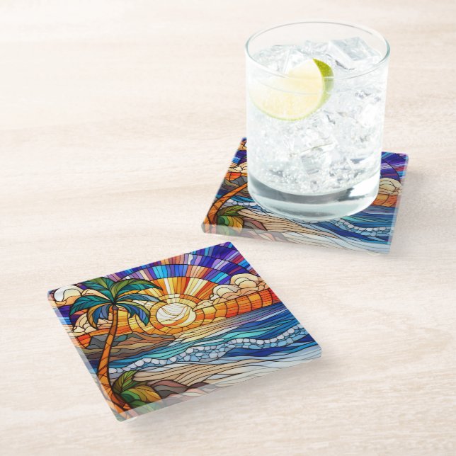 Tropical sunset on beach stained glass art coaster (Angled)