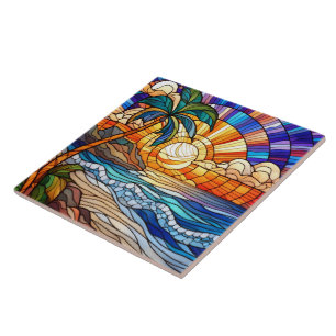 Tropical sunset on beach stained glass art tile