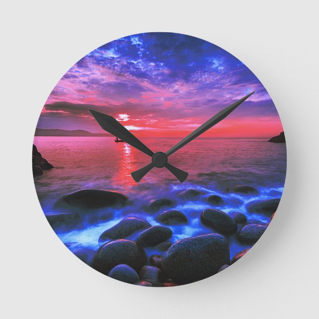 Tropical Sunset On Rocky Coast Round Clock (Front)