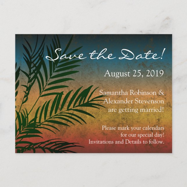 Tropical Sunset Palm Fronds Beach Save the Date Announcement Postcard (Front)