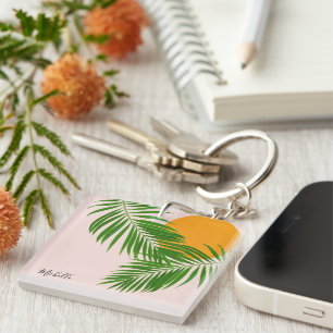 Tropical Sunset Palm Leaves Minimalist Pink Name Keychain
