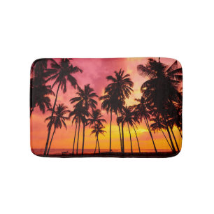 Tropical Sunset: Palm Silhouette Serenity. Bath Mat