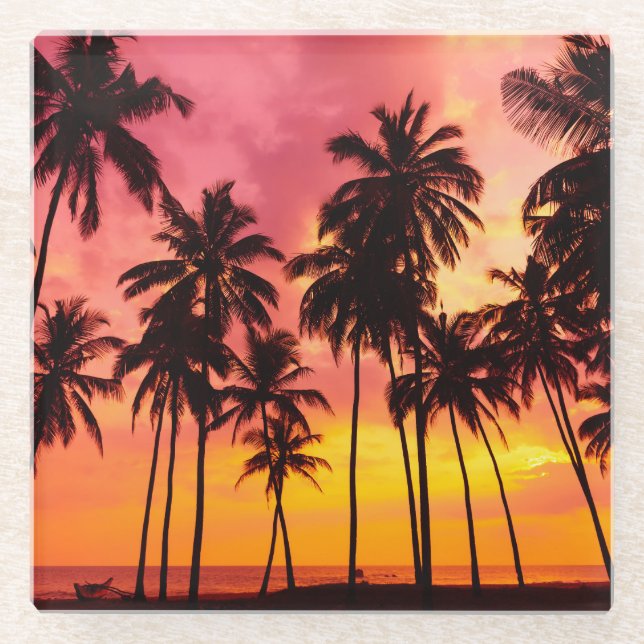 Tropical Sunset: Palm Silhouette Serenity. Glass Coaster (Front)