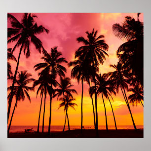 Tropical Sunset: Palm Silhouette Serenity. Poster