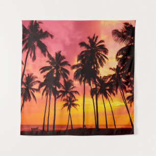 Tropical Sunset: Palm Silhouette Serenity. Tapestry