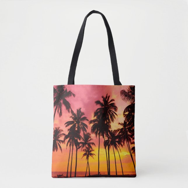 Tropical Sunset: Palm Silhouette Serenity. Tote Bag (Front)