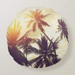 Tropical Sunset: Palm Silhouette Vintage Round Pillow