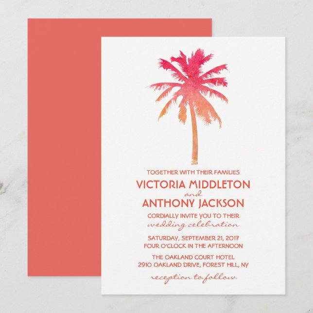 Tropical Sunset Palm Tree Beach Wedding Invitation (Front/Back)