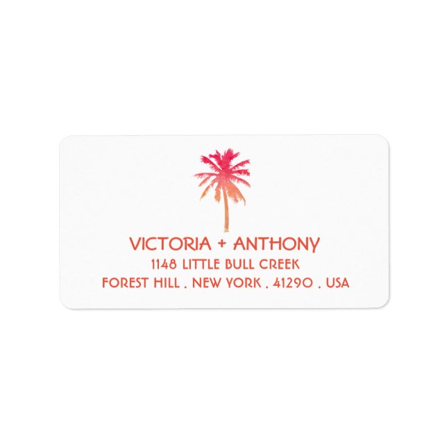 Tropical Sunset Palm Tree Beach Wedding Label (Front)