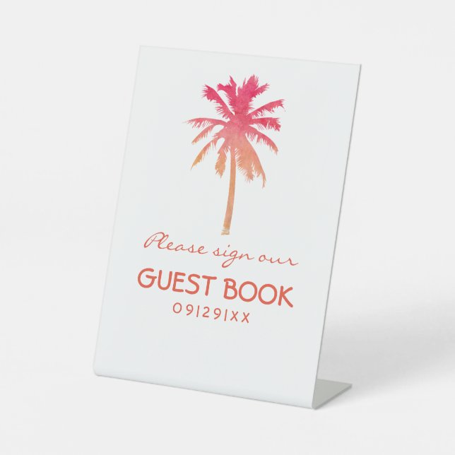 Tropical Sunset Palm Tree Beach Wedding Pedestal Sign (Front)