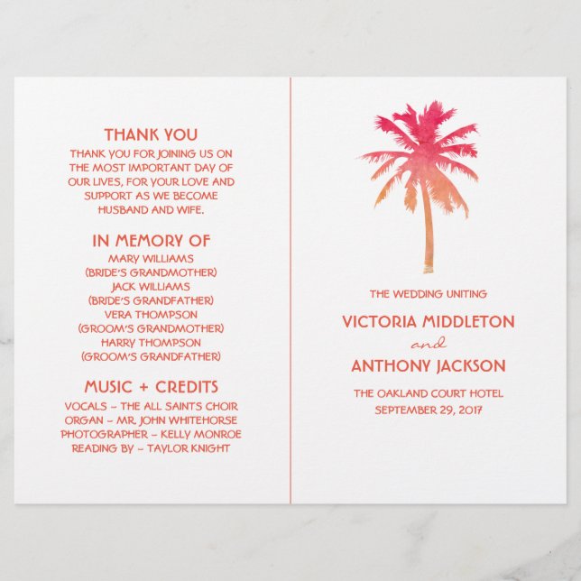 Tropical Sunset Palm Tree Beach Wedding Programme (Devant)