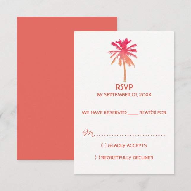 Tropical Sunset Palm Tree Beach Wedding RSVP Card (Front/Back)