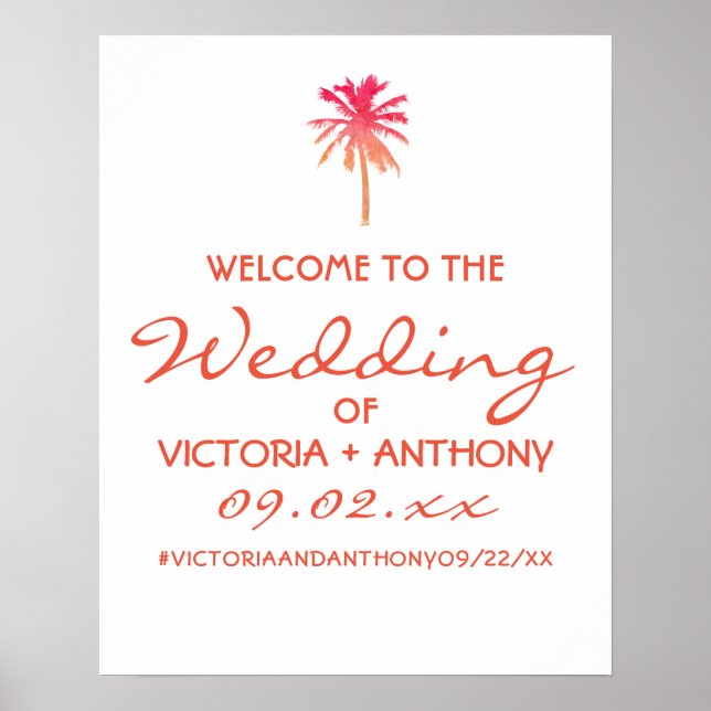 Tropical Sunset Palm Tree Beach Wedding Welcome Poster (Front)