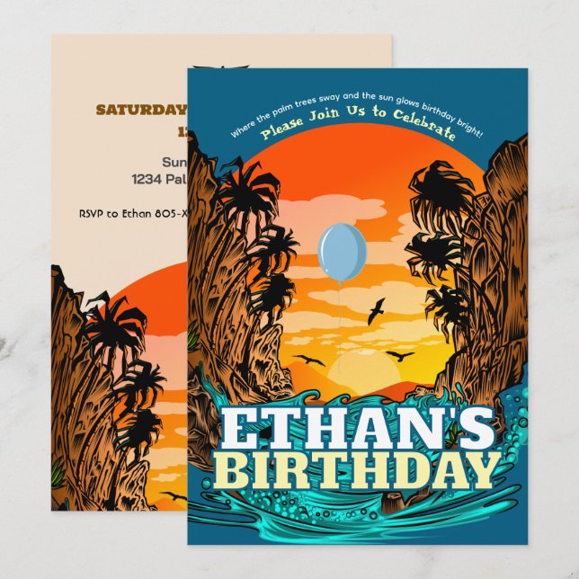 Tropical Sunset Palm Tree Birthday Invitation (Front/Back)