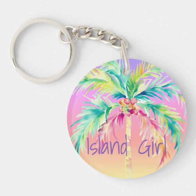  Tropical Sunset Palm Tree Island Girl Keychain (Front)