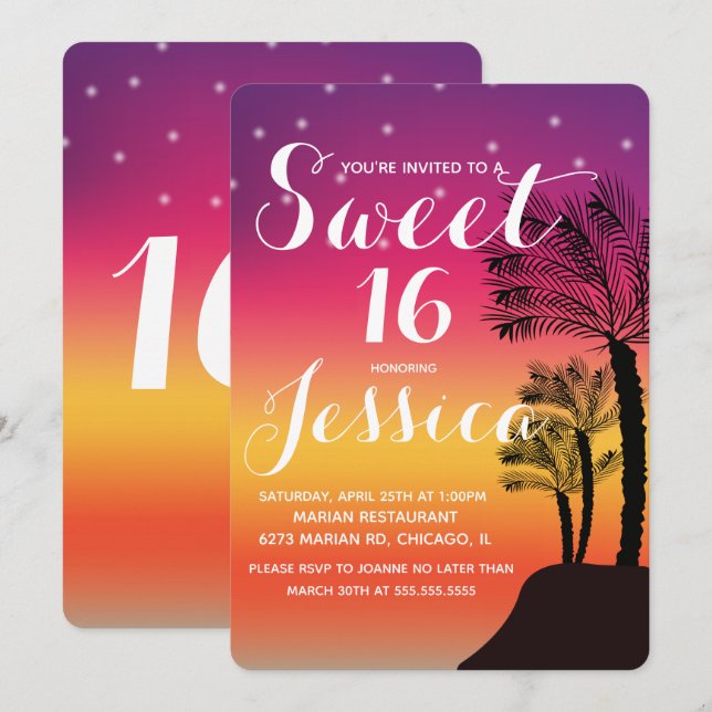 Tropical Sunset Palm Tree Tropical Sweet 16 Invitation (Front/Back)