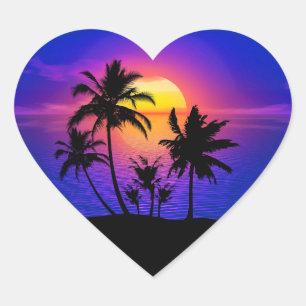 Tropical Sunset Palm Trees Heart Sticker