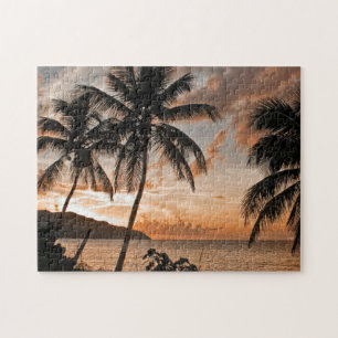 Tropical Sunset Palm Trees Hill Side Sea Jigsaw Puzzle