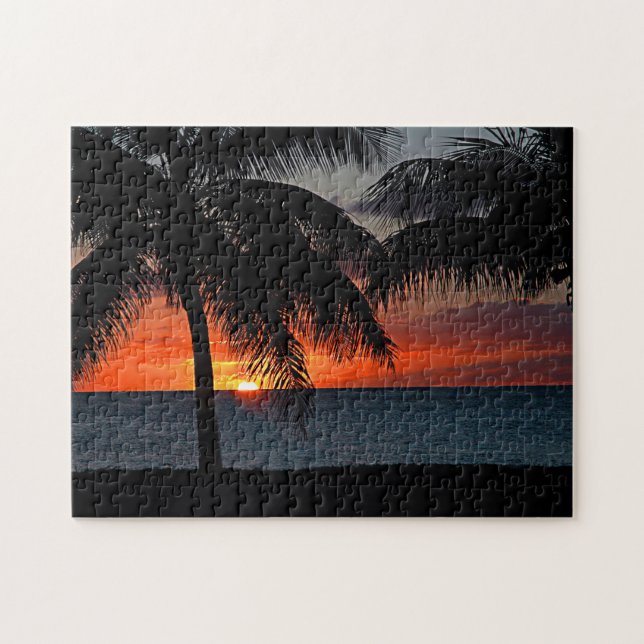 Tropical Sunset Palm Trees Ocean Sea Jigsaw Puzzle (Horizontal)