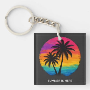 Tropical Sunset Palm Trees Retro Design Keychain