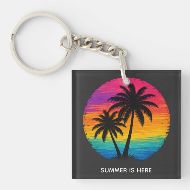 Tropical Sunset Palm Trees Retro Design Keychain (Front)
