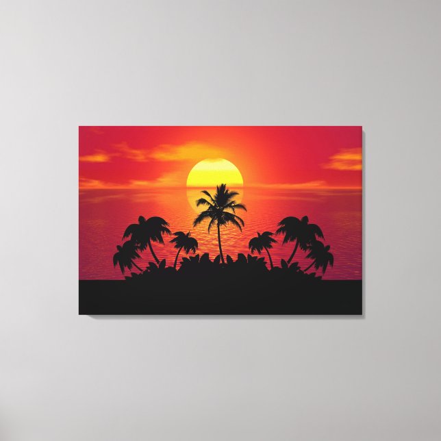 Tropical Sunset Palm Trees Silhouette Beach Canvas Print (Front)
