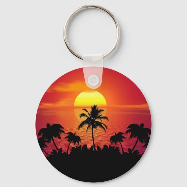 Tropical Sunset Palm Trees Silhouette Beach Keychain (Front)
