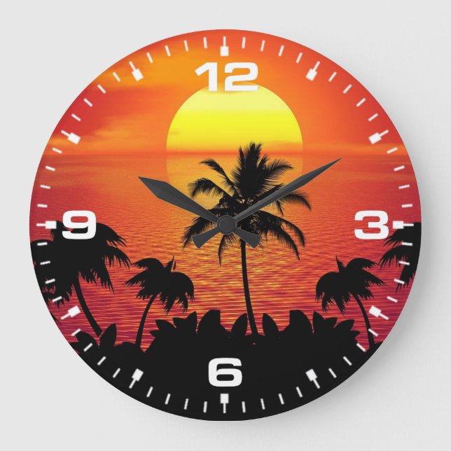 Tropical Sunset Palm Trees Silhouette Beach Large Clock (Front)