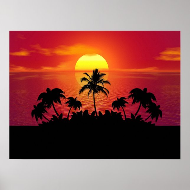 Tropical Sunset Palm Trees Silhouette Beach Poster (Front)